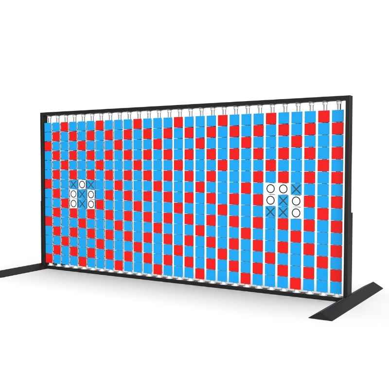 Close cropped view of the LiteZilla Mosaico Wall rotating wall panel with two built in tic tac toe games on light blue, red and white triangles