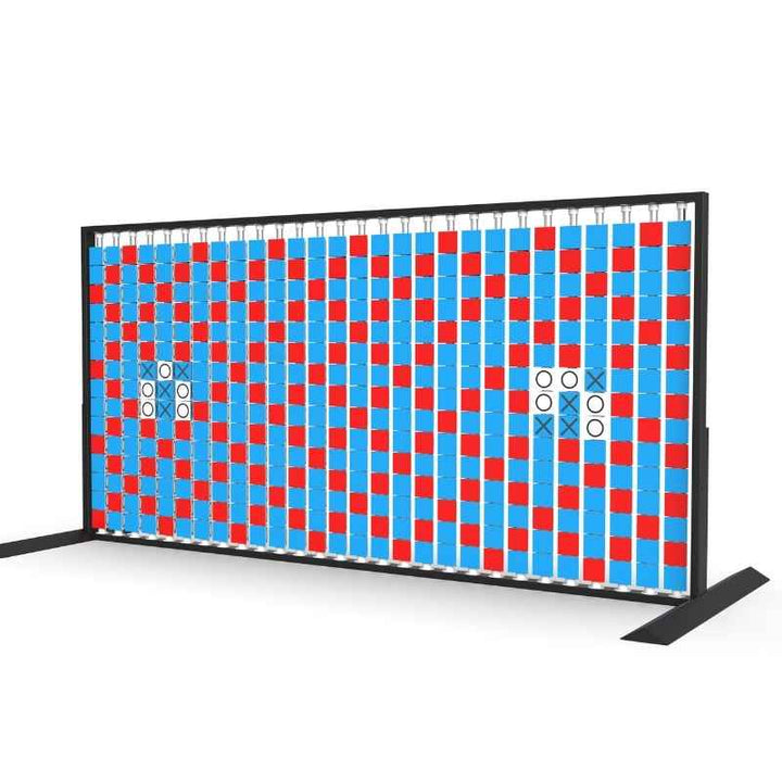 Close cropped view of the LiteZilla Mosaico Wall rotating wall panel with two built in tic tac toe games on light blue, red and white triangles