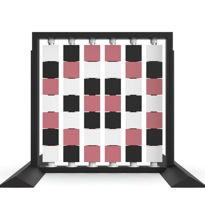 LiteZilla Mosaico Wall 4 by 4 foot freestanding rotating wall panel with black, white and pink triangles in a lattice pattern