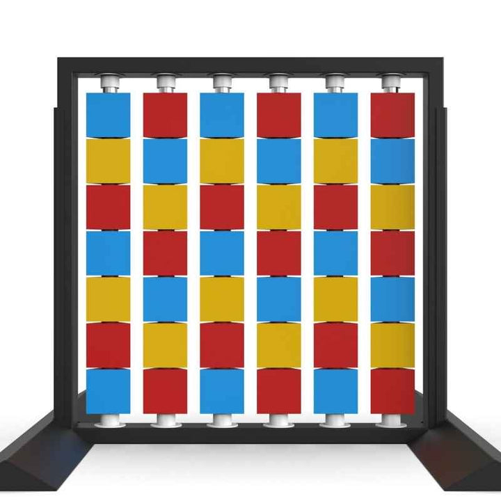 LiteZilla Mosaico Wall freestanding rotating wall panel with light blue, yellow and red triangles in a chevron pattern