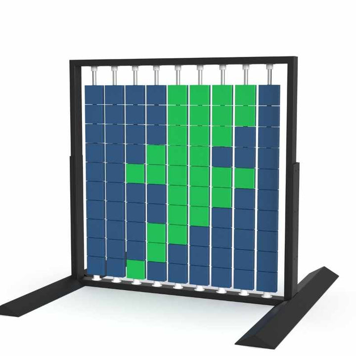 Angled view of the LiteZilla Mosaico Wall 6 by 6 foot freestanding wall panel with green and sapphire large squares in a lightning pattern