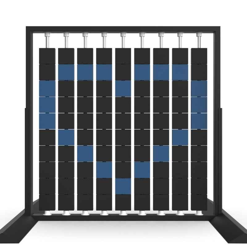 Angled view of the LiteZilla Mosaico Wall freestanding rotating wall panel showing a heart pattern in sapphire and black large squares