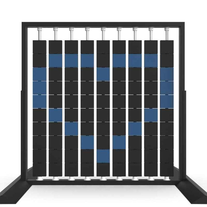 Angled view of the LiteZilla Mosaico Wall freestanding rotating wall panel showing a heart pattern in sapphire and black large squares