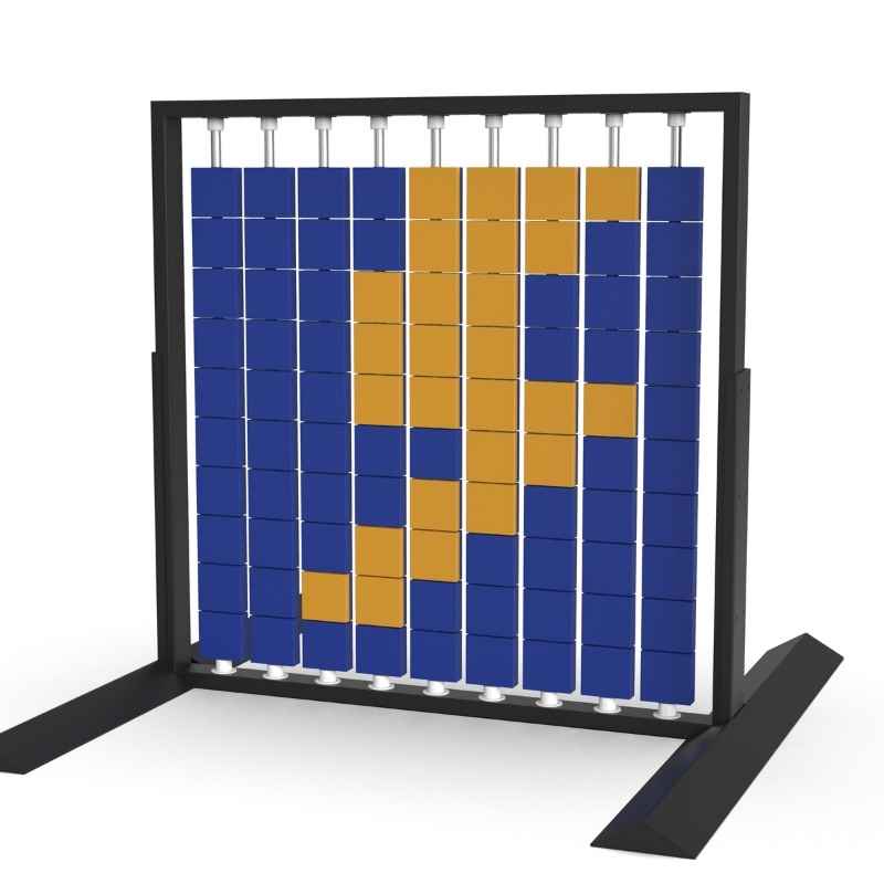 Angled view of the LiteZilla Mosaico Wall freestanding rotating wall panel with blue and orange small squares in a lightning pattern