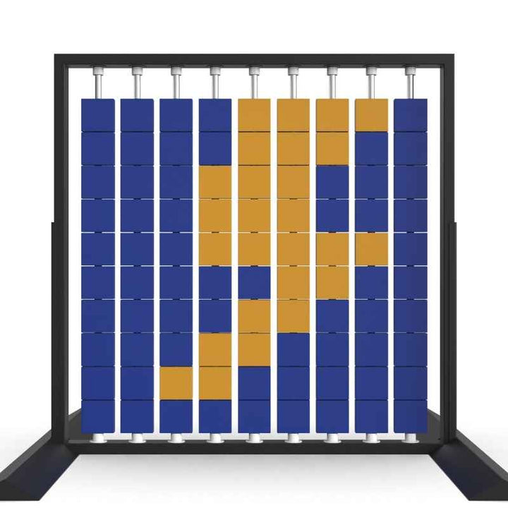 LiteZilla Mosaico Wall freestanding rotating wall panel with blue and orange small squares in a lightning pattern