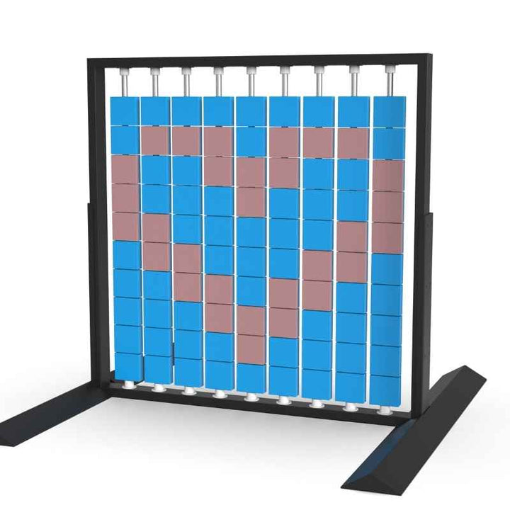 Angled view of the LiteZilla Mosaico Wall freestanding rotating wall panel displaying a heart pattern in pink and light blue small squares