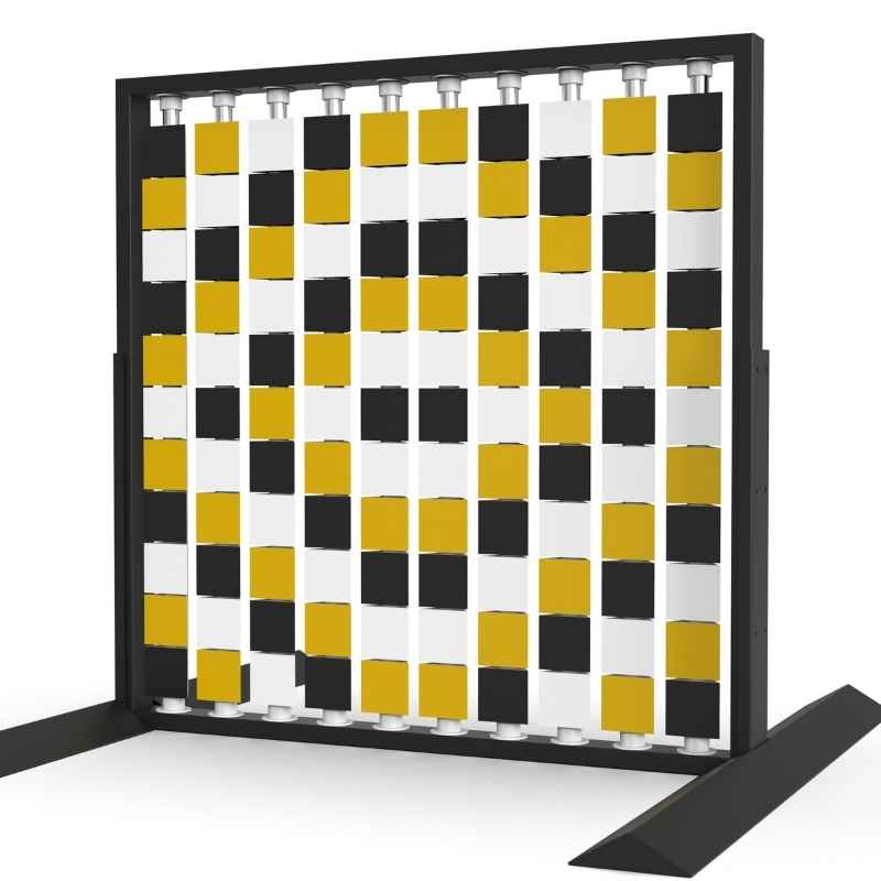Angled view of the LiteZilla Mosaico Wall freestanding rotating wall panel with black, white and yellow triangles in a lattice pattern