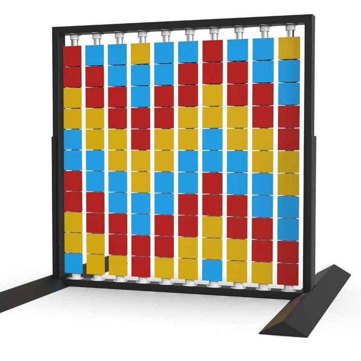 Angled view of the LiteZilla Mosaico Wall freestanding rotating wall panel with light blue, yellow and red triangles in a chevron pattern