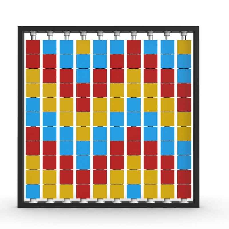 LiteZilla Mosaico Wall wall mounted rotating wall panel with light blue, yellow and red triangles in a chevron pattern