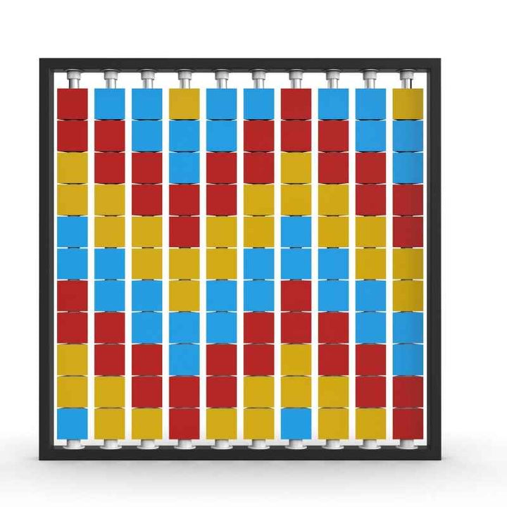 LiteZilla Mosaico Wall wall mounted rotating wall panel with light blue, yellow and red triangles in a chevron pattern