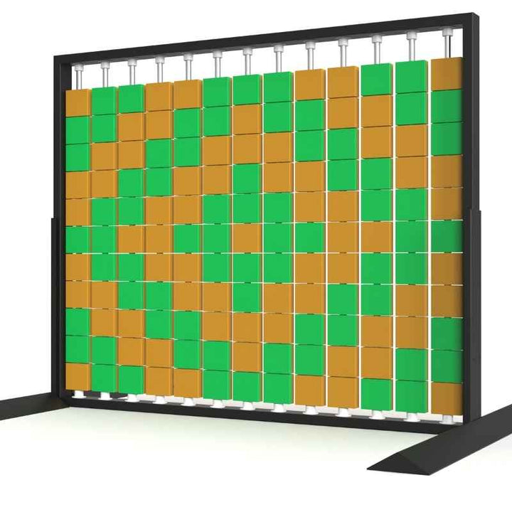 Angled view of the LiteZilla Mosaico Wall freestanding rotating wall panel with green and orange large squares in a diamond pattern