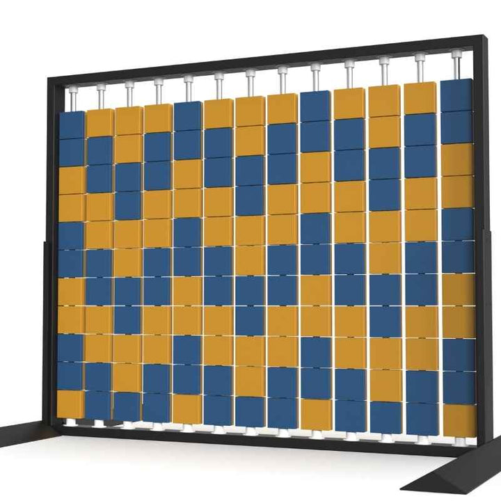 Angled view of the LiteZilla Mosaico Wall freestanding rotating wall panel with orange and sapphire large squares in a chevron pattern