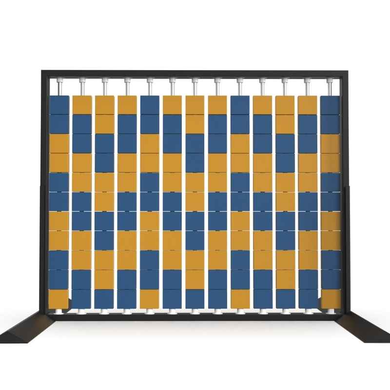 LiteZilla Mosaico Wall freestanding rotating wall panel with orange and sapphire large squares in a chevron pattern
