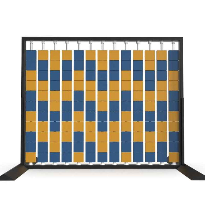 LiteZilla Mosaico Wall freestanding rotating wall panel with orange and sapphire large squares in a chevron pattern
