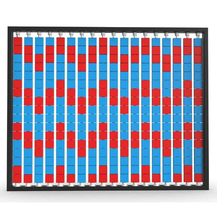 Angled view of the LiteZilla Mosaico Wall freestanding rotating wall panel with light blue and red small squares in a chevron pattern