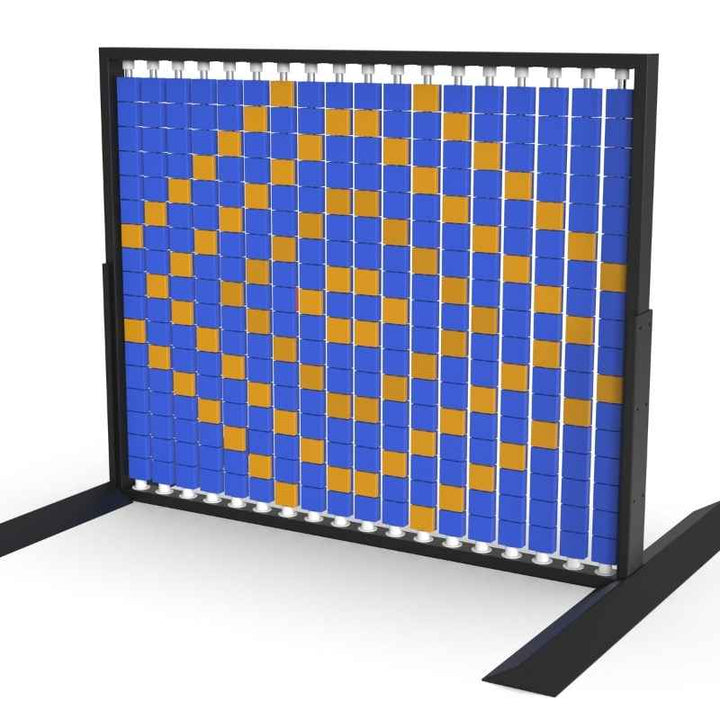 Angled view of the LiteZilla Mosaico Wall freestanding rotating wall panel with orange and blue small squares in a diamond pattern