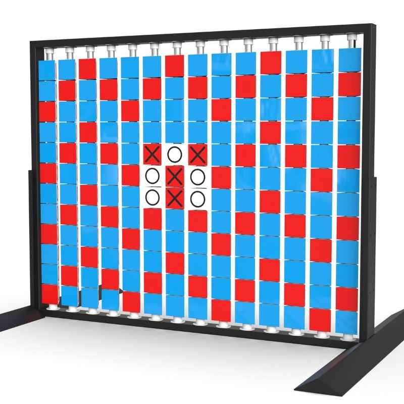 Angled view of the LiteZilla Mosaico Wall freestanding rotating wall panel with a built in tic tac toe game on light blue, red and white triangles