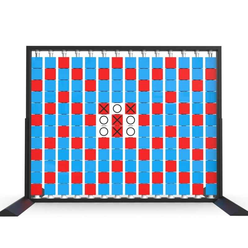 LiteZilla Mosaico Wall freestanding rotating wall panel with a built in tic tac toe game on light blue, red and white triangles
