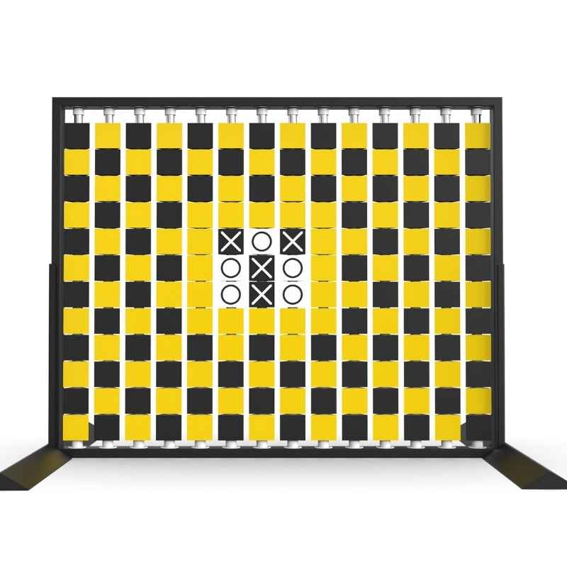 LiteZilla Mosaico Wall freestanding rotating wall panel with a built in tic tac toe game on yellow, black and white triangles
