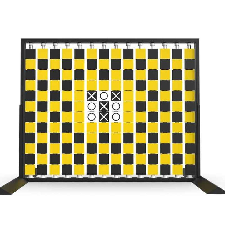 LiteZilla Mosaico Wall freestanding rotating wall panel with a built in tic tac toe game on yellow, black and white triangles