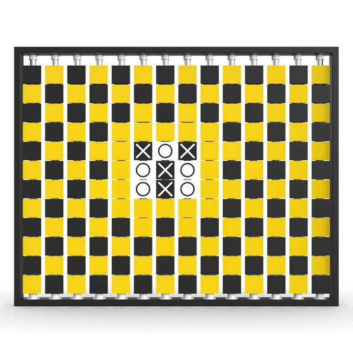 LiteZilla Mosaico Wall wall mounted rotating wall panel with a built in tic tac toe game on yellow, black and white triangles