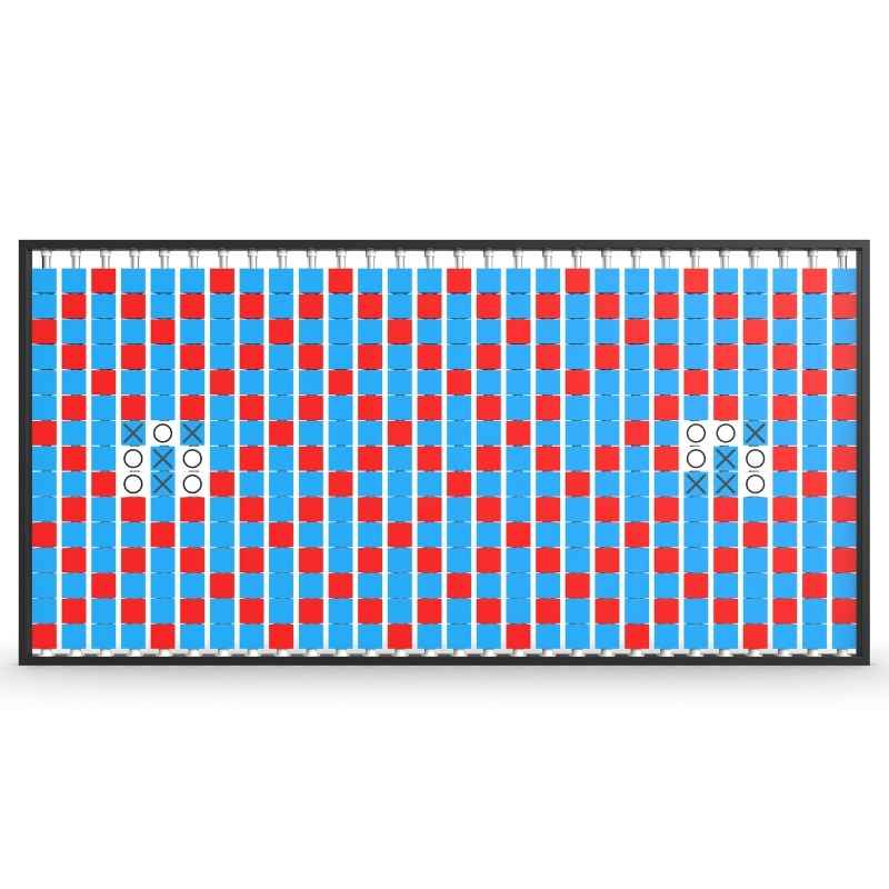 Close cropped view of the LiteZilla Mosaico Wall rotating wall panel with two built in tic tac toe games on light blue, red and white triangles front view