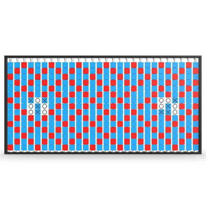 Close cropped view of the LiteZilla Mosaico Wall rotating wall panel with two built in tic tac toe games on light blue, red and white triangles front view