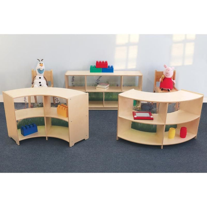 Whitney Brothers Nature View Curve Cabinet 24H in Curve In and Curve Out styles with a straight cabinet, holding blocks and toys as classroom storage