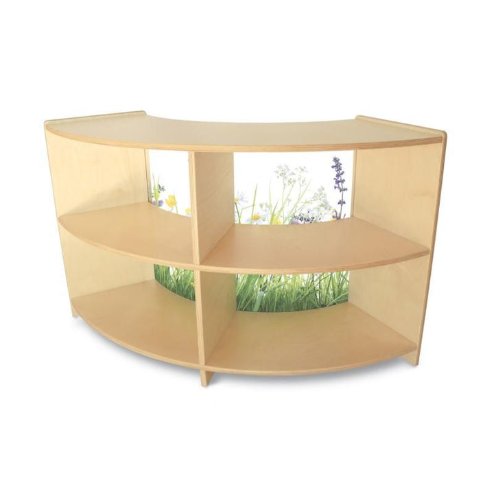 Whitney Brothers Nature View Curve Cabinet 24H in the Curve In style, a toddler storage cabinet with four compartments and a wildflower acrylic back