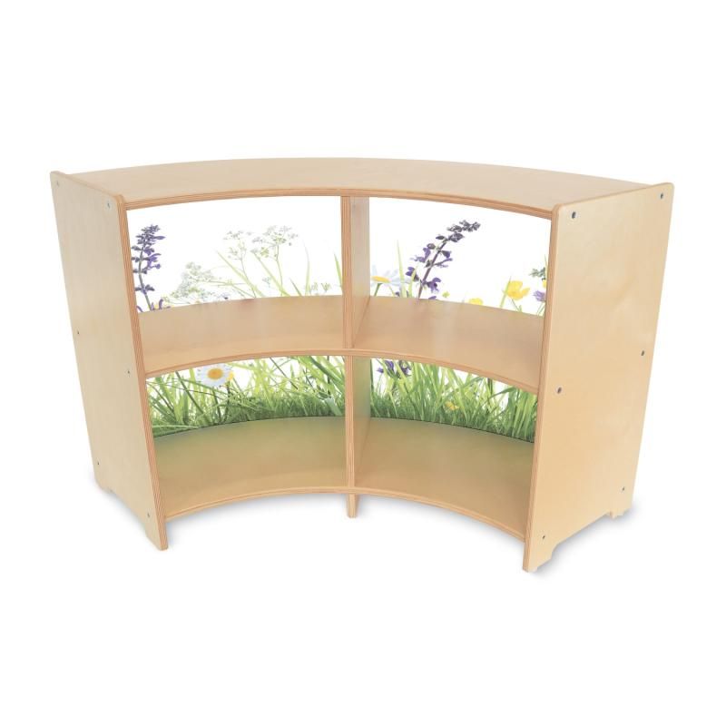 Whitney Brothers Nature View Curve Cabinet 24H in the Curve Out style, birch plywood toddler storage with a shatterproof wildflower acrylic back