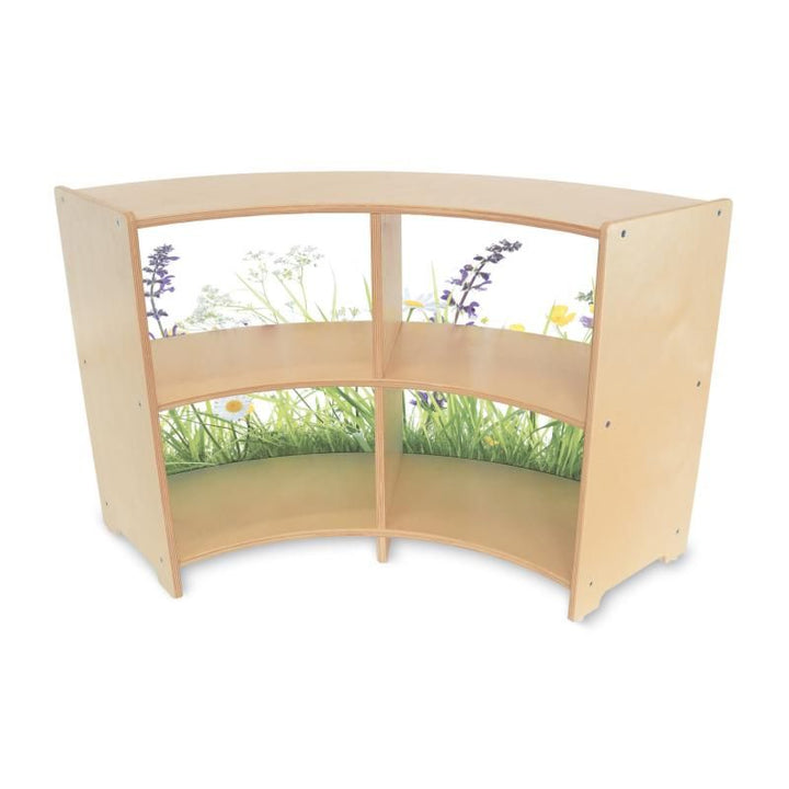 Whitney Brothers Nature View Curve Cabinet 24H in the Curve Out style, birch plywood toddler storage with a shatterproof wildflower acrylic back
