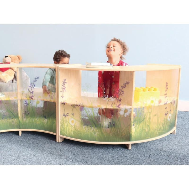 Whitney Brothers Nature View Curve Cabinet 24H in the Curve Out style, birch plywood toddler storage with a shatterproof wildflower acrylic back