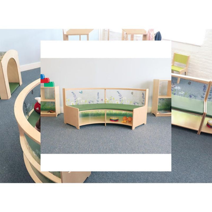 Whitney Brothers Nature View Curved Sofa in the curve-in style, a kids reading sofa with a nature scene acrylic back