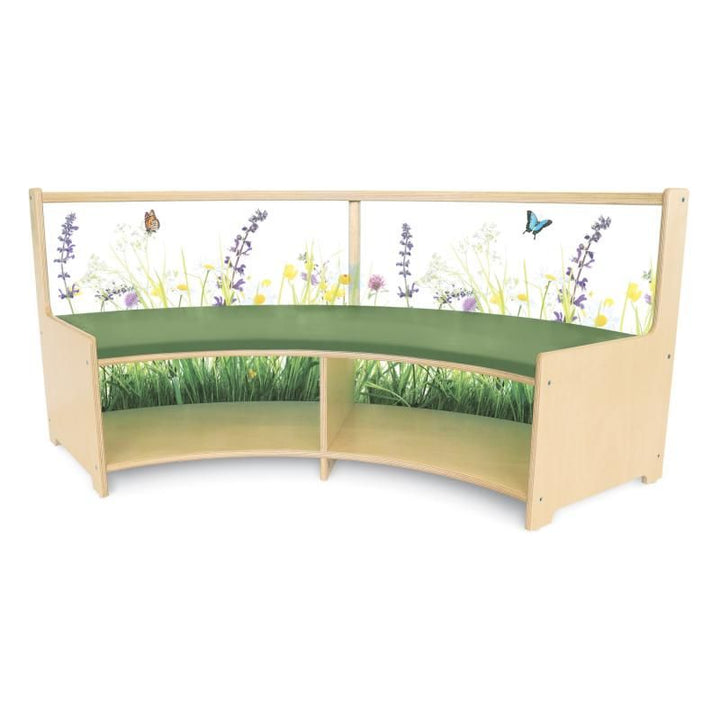 Whitney Brothers Nature View Curved Sofa curve-in style with a wildflower acrylic back and open book storage beneath the seat