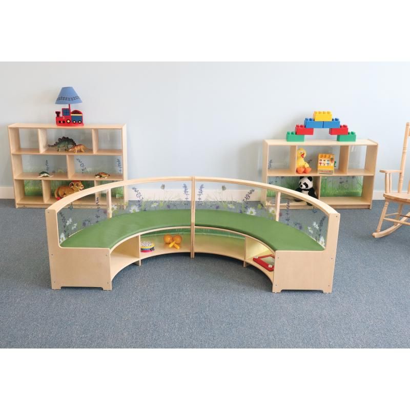 Two Whitney Brothers Nature View Curved Sofas in the curve-in style joined into a semicircle for group reading and story time