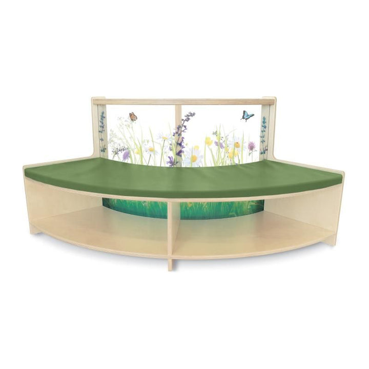 Whitney Brothers Nature View Curved Sofa curve-out style with a wildflower acrylic back, a kids reading sofa with book storage