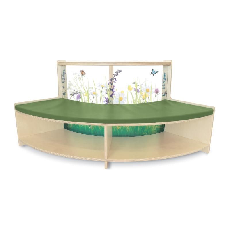 Whitney Brothers Nature View Curved Sofa curve-out style with a wildflower acrylic back, a kids reading sofa with book storage