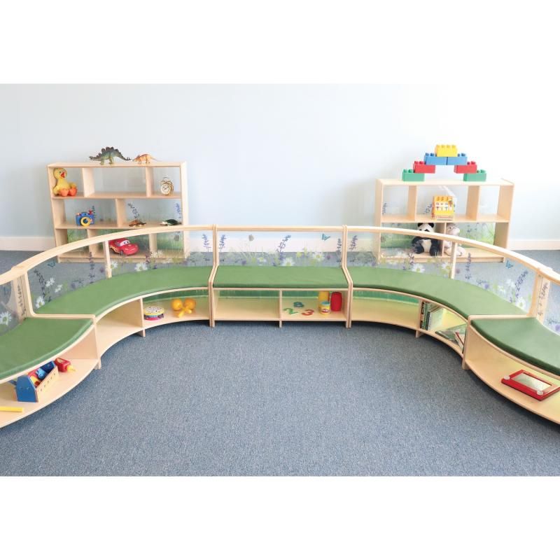 Whitney Brothers Nature View Curved Sofas and straight sofas combined into an extended curved layout for a classroom reading nook