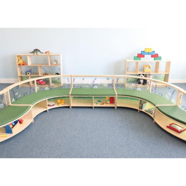 Whitney Brothers Nature View Curved Sofas and straight sofas combined into an extended curved layout for a classroom reading nook