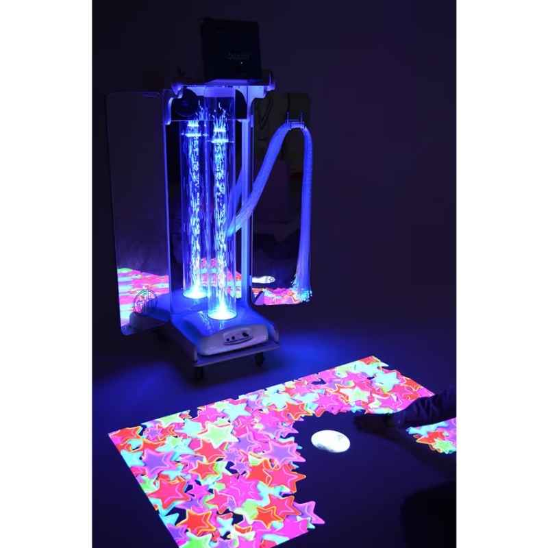 OMI Vecta Budii Delight mobile sensory cart glowing blue with twin bubble columns and an interactive star pattern projected on the floor