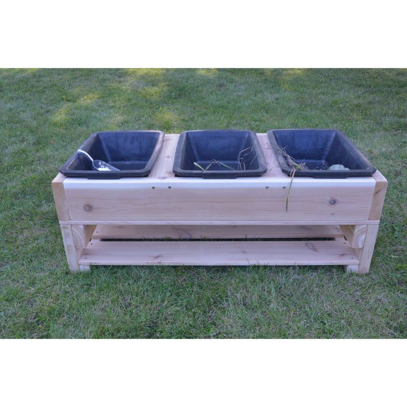 Portrait view of the ONP infant outdoor cedar sensory table, a fully assembled 3-bin messy play table for babies and toddlers from 6 months in childcare and outdoor classroom settings