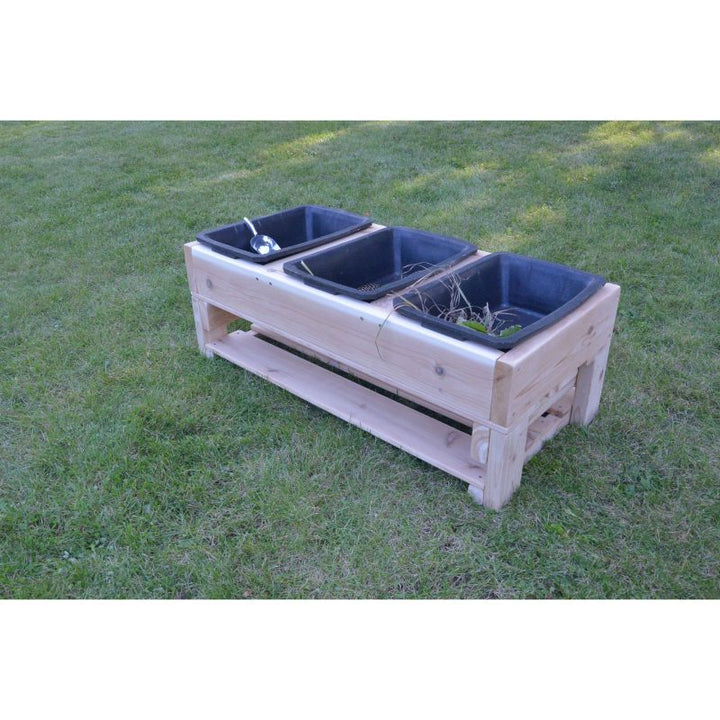 Second side view of the ONP infant 3-bin outdoor sensory table highlighting the cedar frame and removable tray configuration for early years tactile exploration