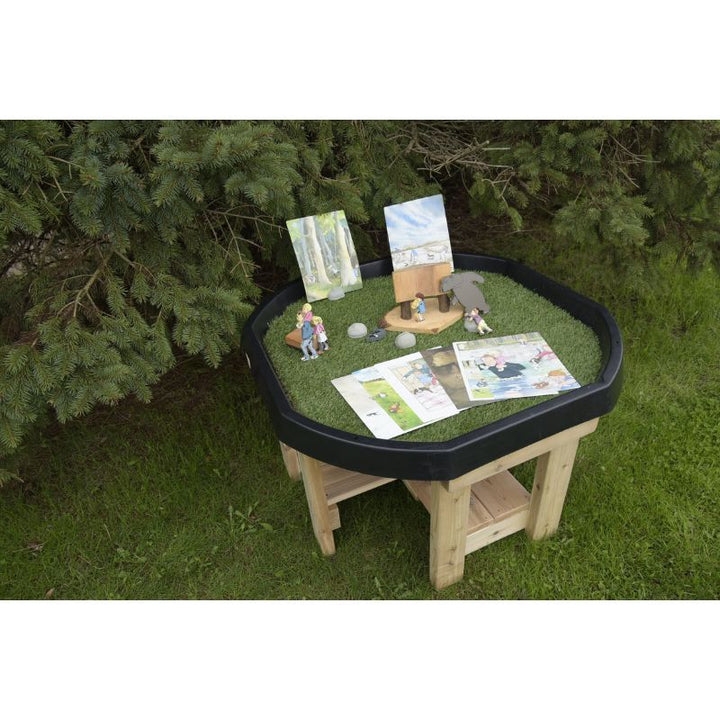 ONP Active World Tray Stand in cedar with accessories styled in the Tuff Tray, showing the outdoor sensory play station with integrated shelf for early years settings