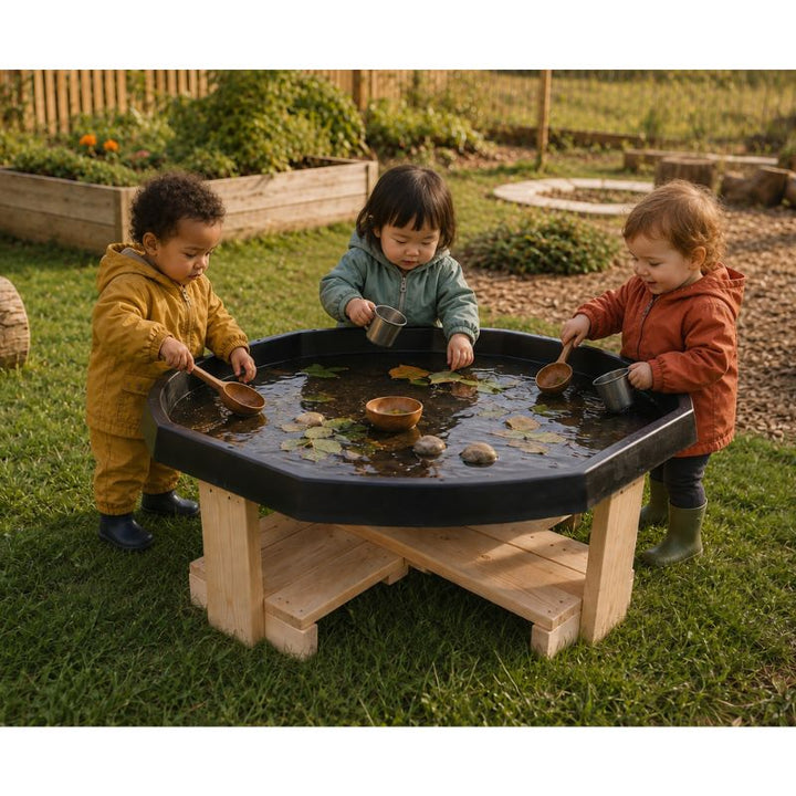 Three toddlers gathered around the ONP Active World Tray Stand outdoors, using cups and spoons to scoop water alongside floating leaves and stones