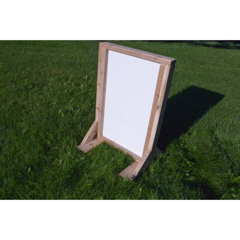 ONP Double Sided Art Easel showing the whiteboard and plexiglass panel side, an outdoor cedar art easel for toddler and preschool creative play and mark making