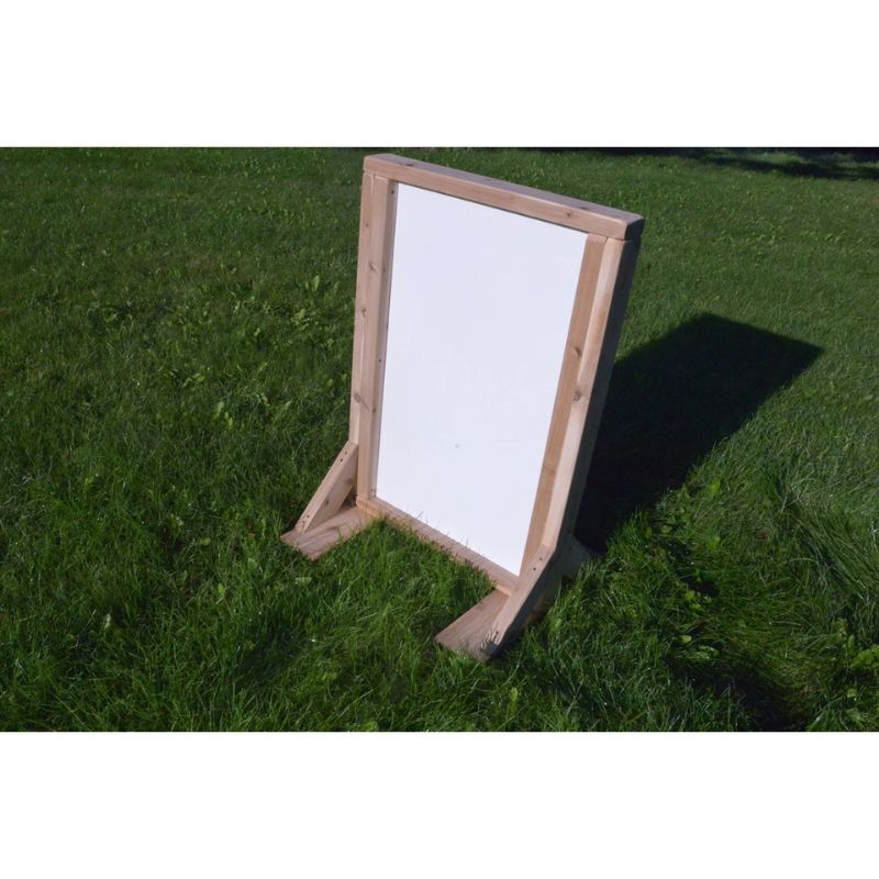 ONP Double-Sided Infant Art Easel showing the whiteboard and plexiglass panel side of the outdoor cedar double-sided easel, enabling two children to create simultaneously on opposite surfaces in outdoor early years settings