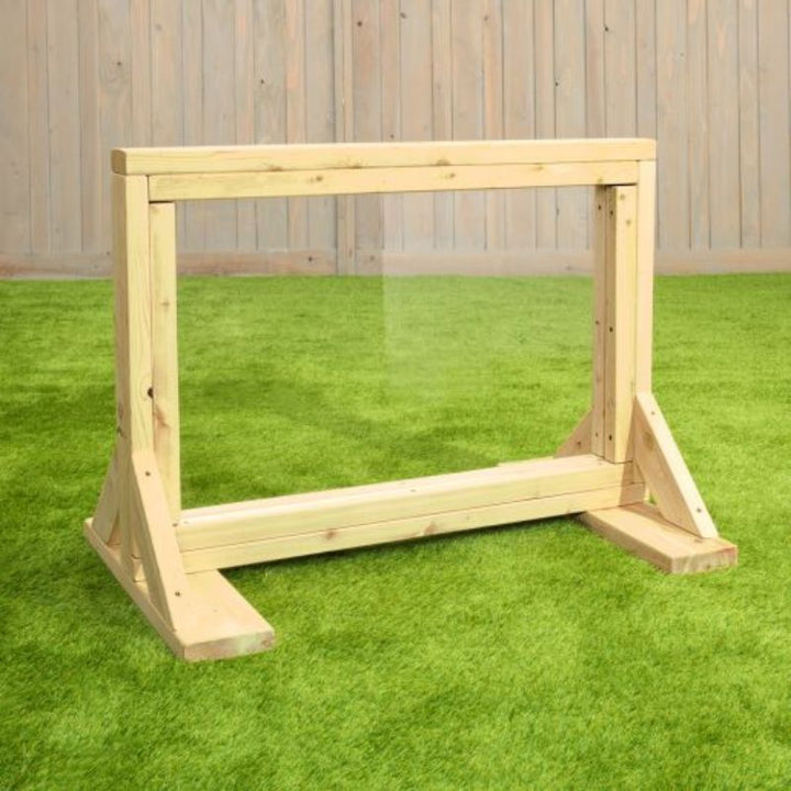ONP Infant Art Easel portrait view showing the North American Cedar frame and dual-sided clear acrylic panel at infant height 30.5 inches, an outdoor cedar transparent acrylic art easel for mark making and sensory play for children aged 6 to 18 months across Canada and the US