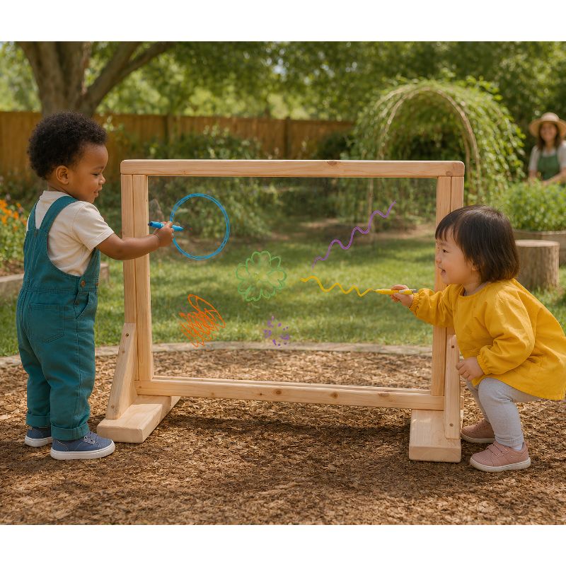 Two toddlers drawing on opposite sides of the clear ONP Infant Art Easel outdoors, making colourful marker shapes on the see-through panel