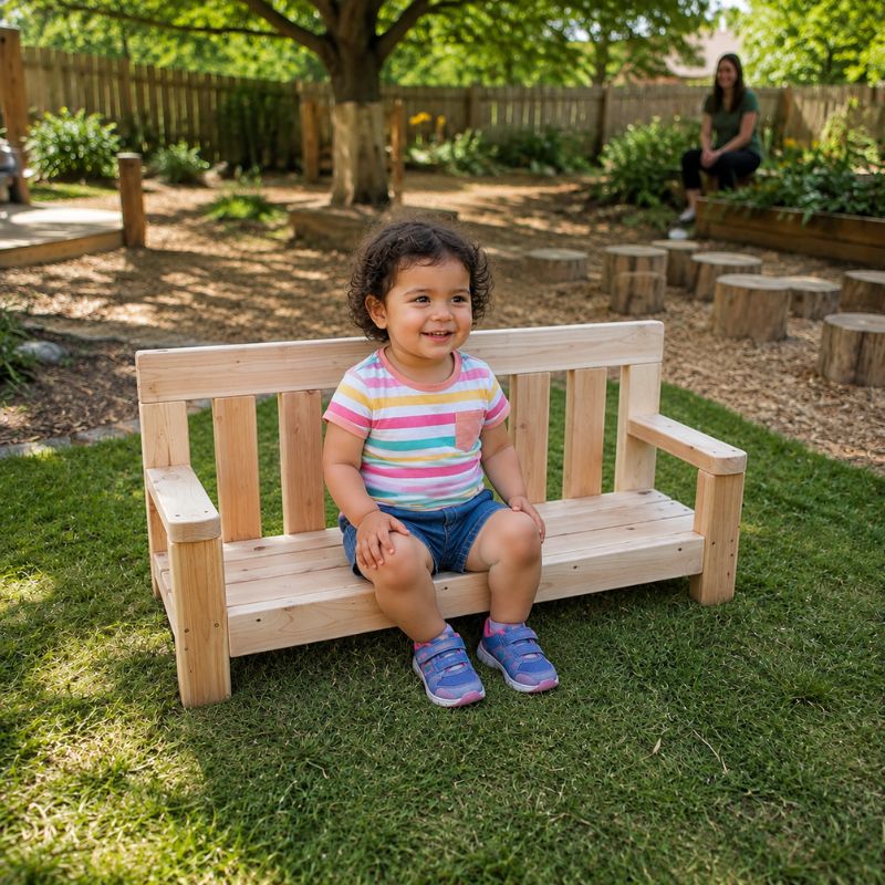 A toddler girl smiling while seated on the ONP Infant Buddy Bench outdoors, with tree stump seating and a garden path behind her