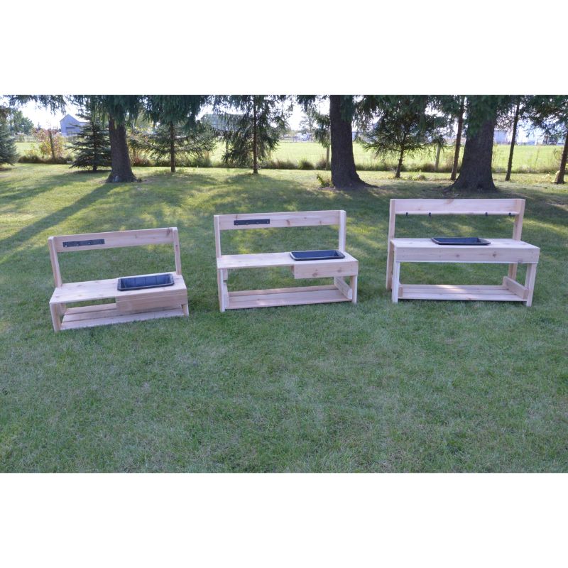 ONP Infant Mud Kitchen 14" High variant views showing the cedar construction, off-centre rubber sink placement, and crawl-through space of this outdoor infant-height mud kitchen for early years and childcare settings